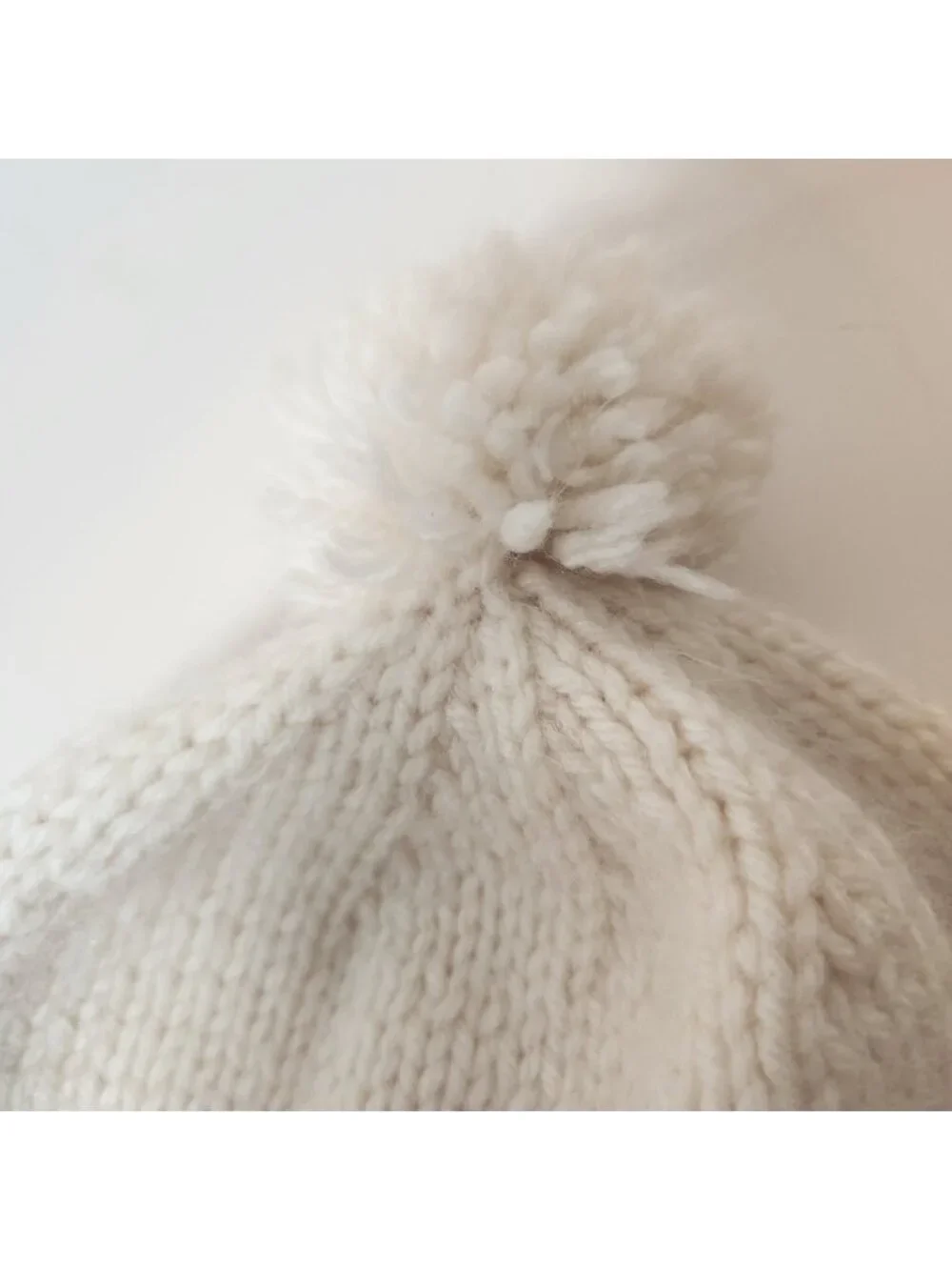 Handmade Knit Earflap Beanie Hat Cream White‎ with Red Rose Accent Pom Pom